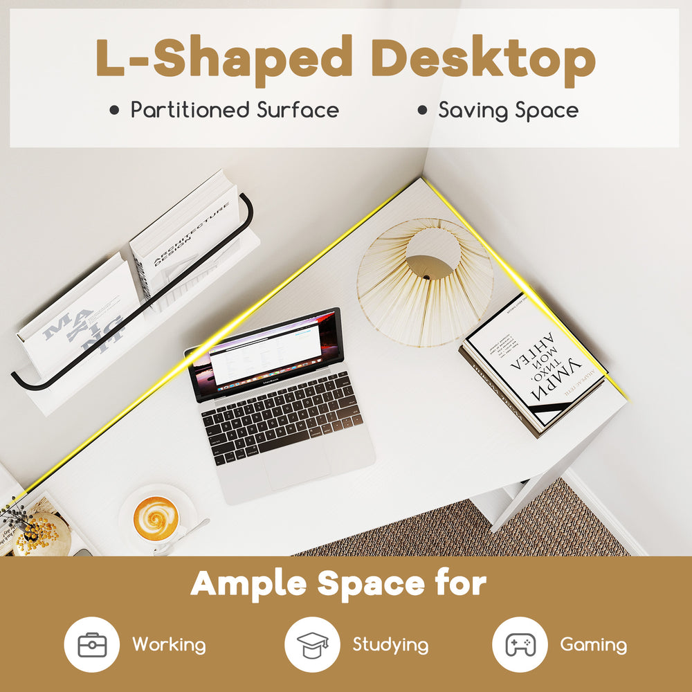 L-shaped corner desk with partitioned surface, white finish, ideal for working, studying, and gaming in compact spaces.