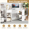 L-shaped white computer desk with spacious drawer and shelves, ideal for workspace organization and storage solutions.