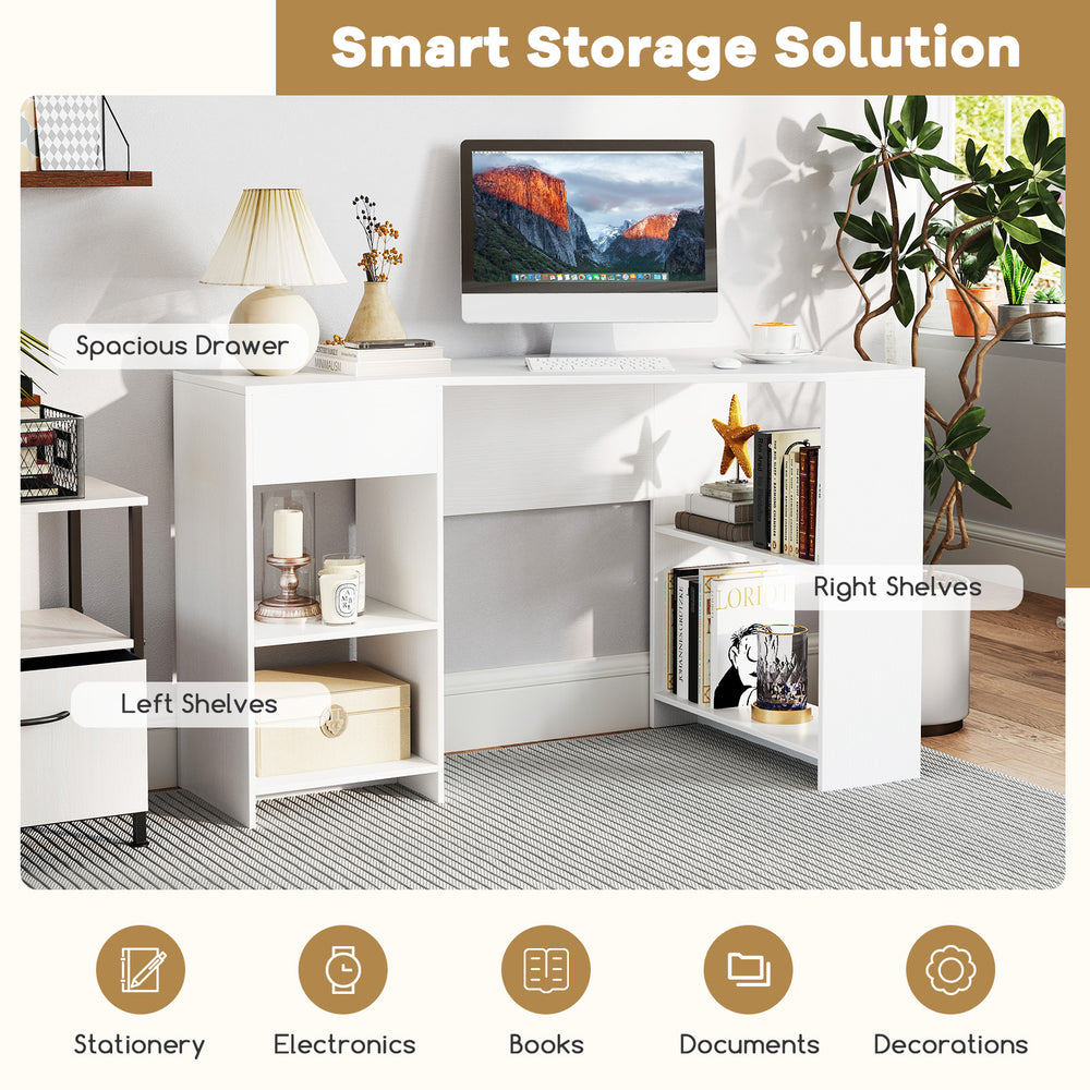L-shaped white computer desk with spacious drawer and shelves, ideal for workspace organization and storage solutions.