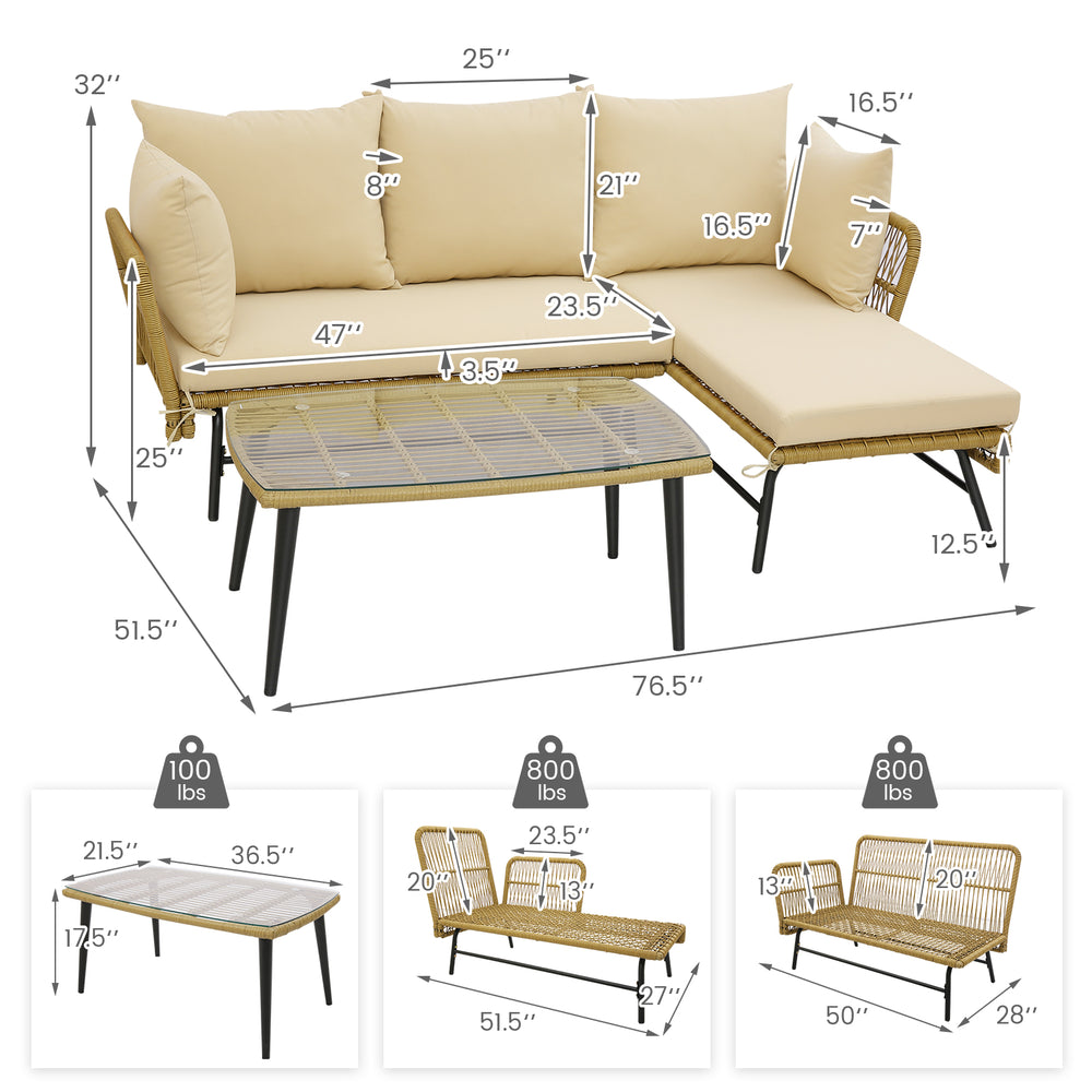 Costway L-Shaped Patio Sofa with Cushions and Tempered Glass Table New