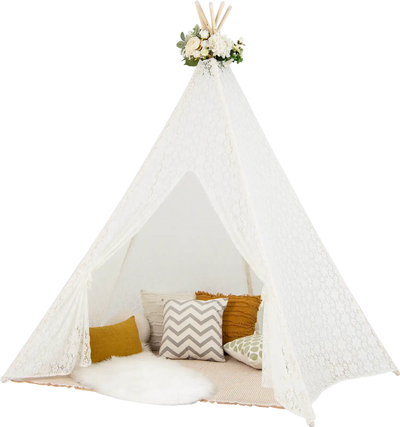 Costway Kids Lace Teepee Play Tent w/ Colorful Light Strings 32495617 New