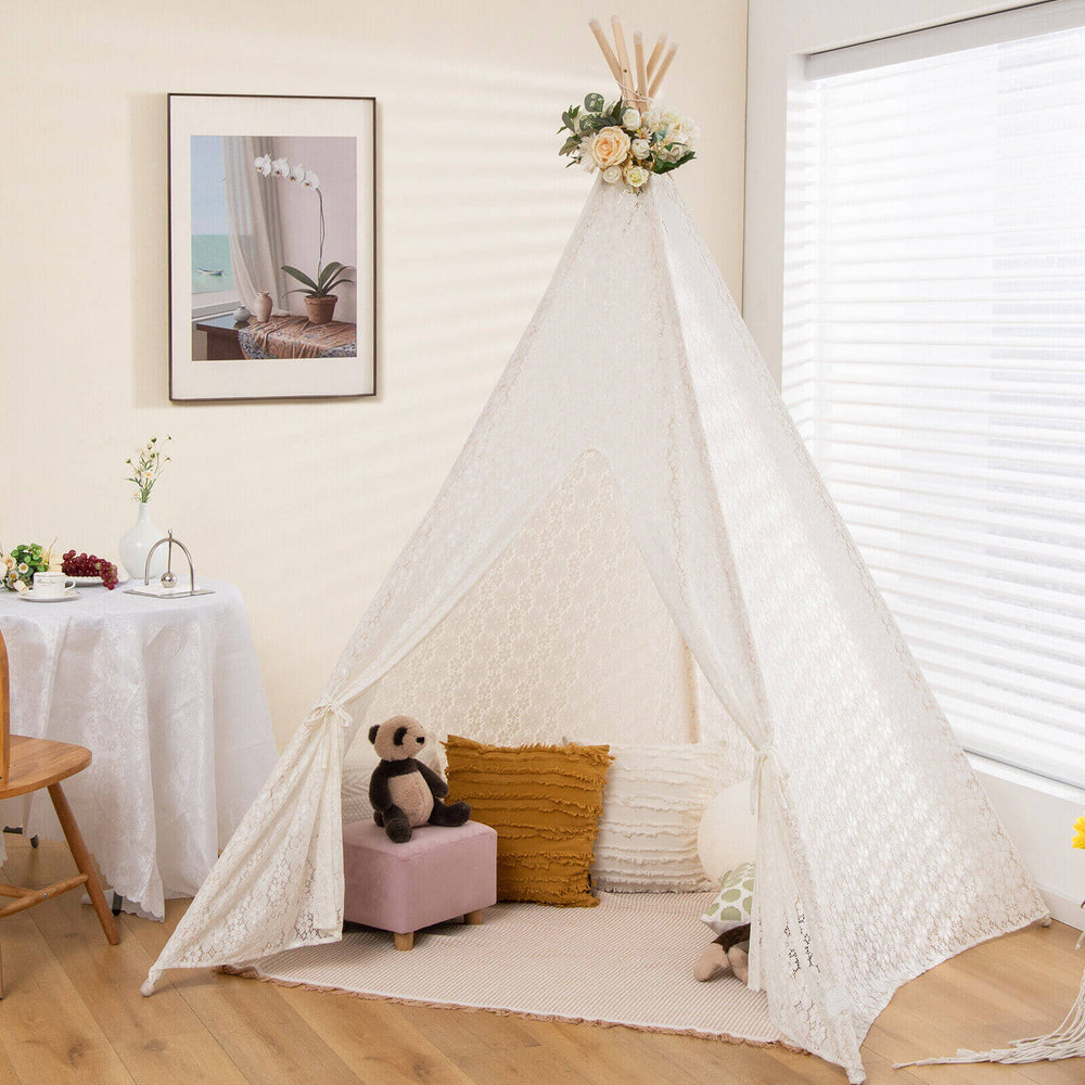 Lace teepee tent with colorful LED lights, perfect for kids to read and play, featuring durable pine wood and anti-slip.