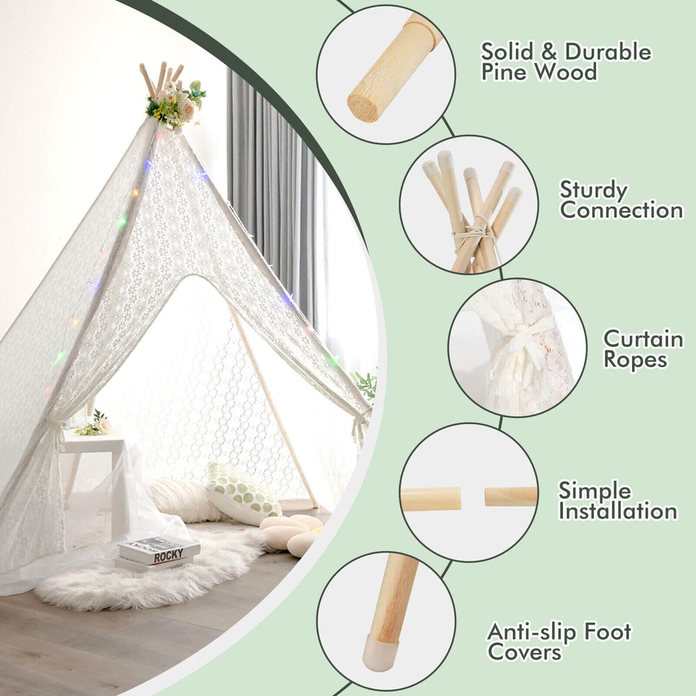 Lace teepee tent featuring solid pine wood, colorful LED lights, and anti-slip foot covers for kids' playtime.
