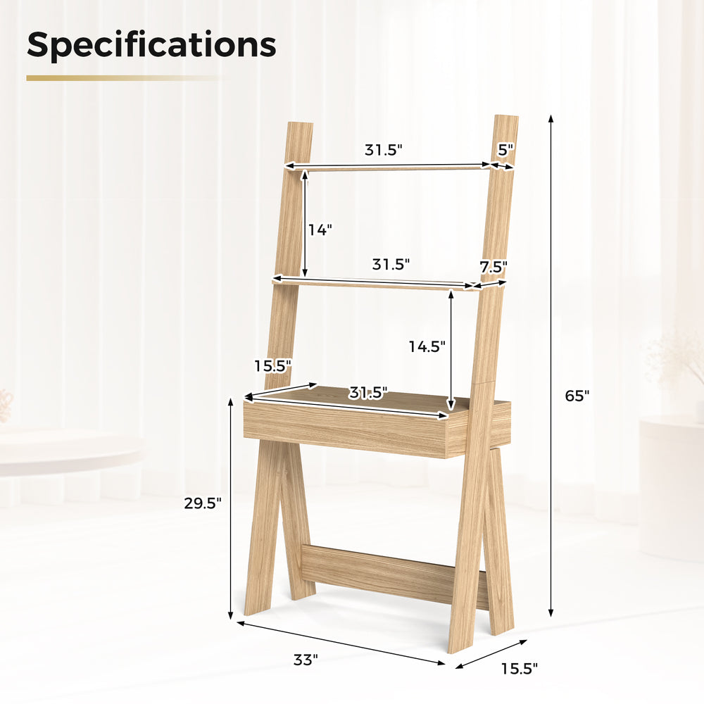 Ladder shelf desk bookcase in natural finish with 2 shelves, countertop, and drawer, ideal for corner placement.