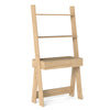Ladder shelf desk bookcase in natural finish with 2 shelves and a drawer, ideal for corner storage in any room.