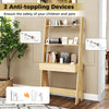 Ladder shelf desk bookcase in natural finish with 2 shelves, countertop, and anti-toppling device for safety.