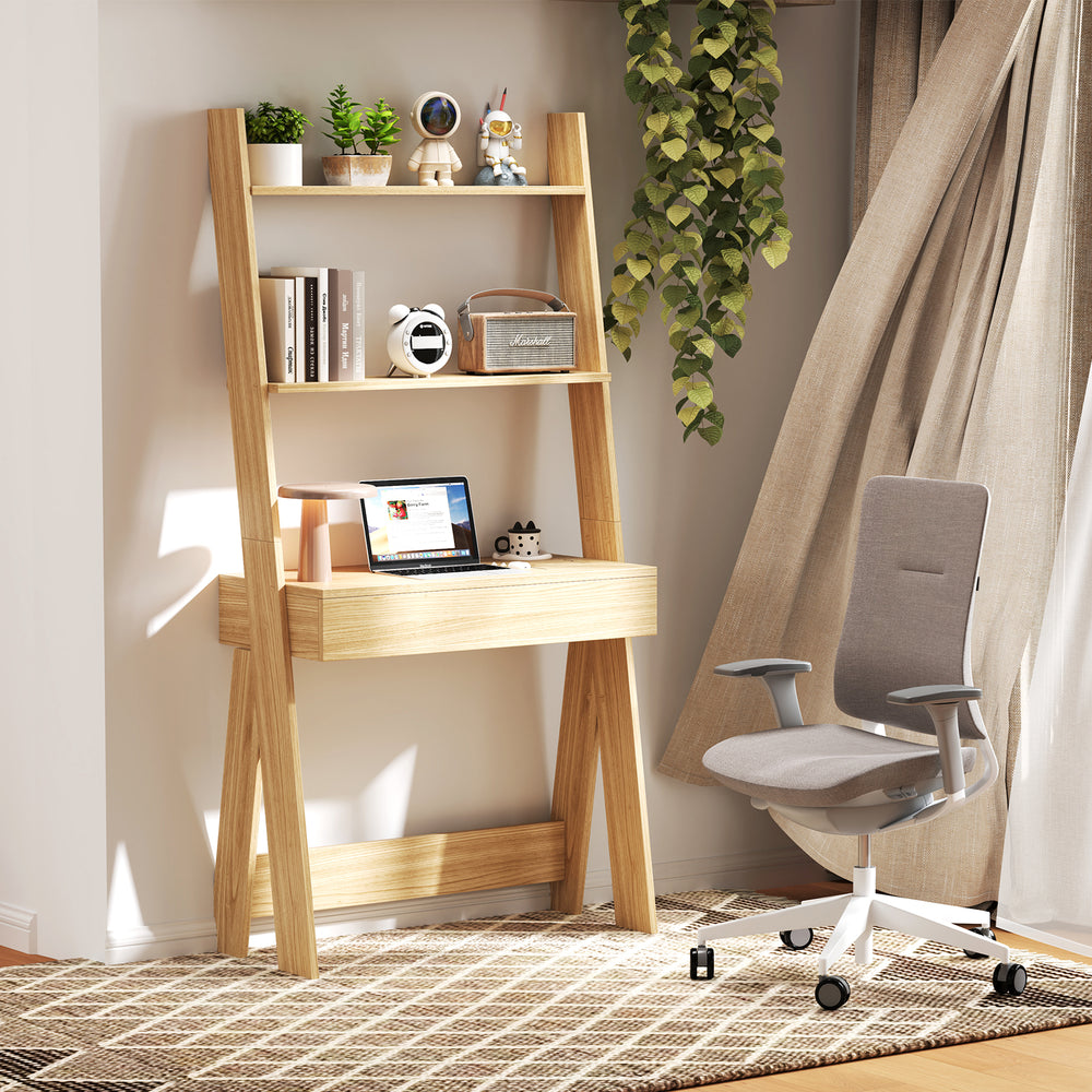 Ladder shelf desk bookcase in natural finish with 2 shelves, countertop, and drawer for versatile storage in any room.