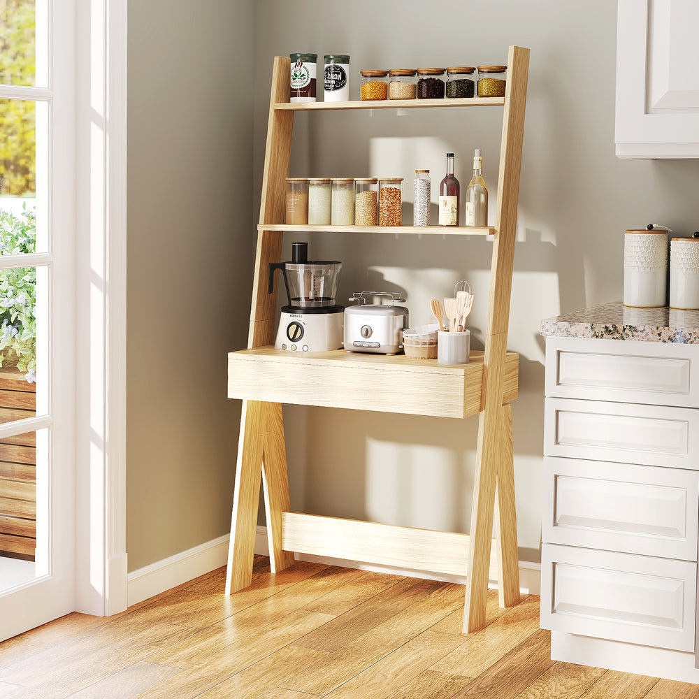Ladder Shelf Desk Bookcase with Countertop, Drawer and 2 Shelves-Natural - Gallery View 1 of 10
