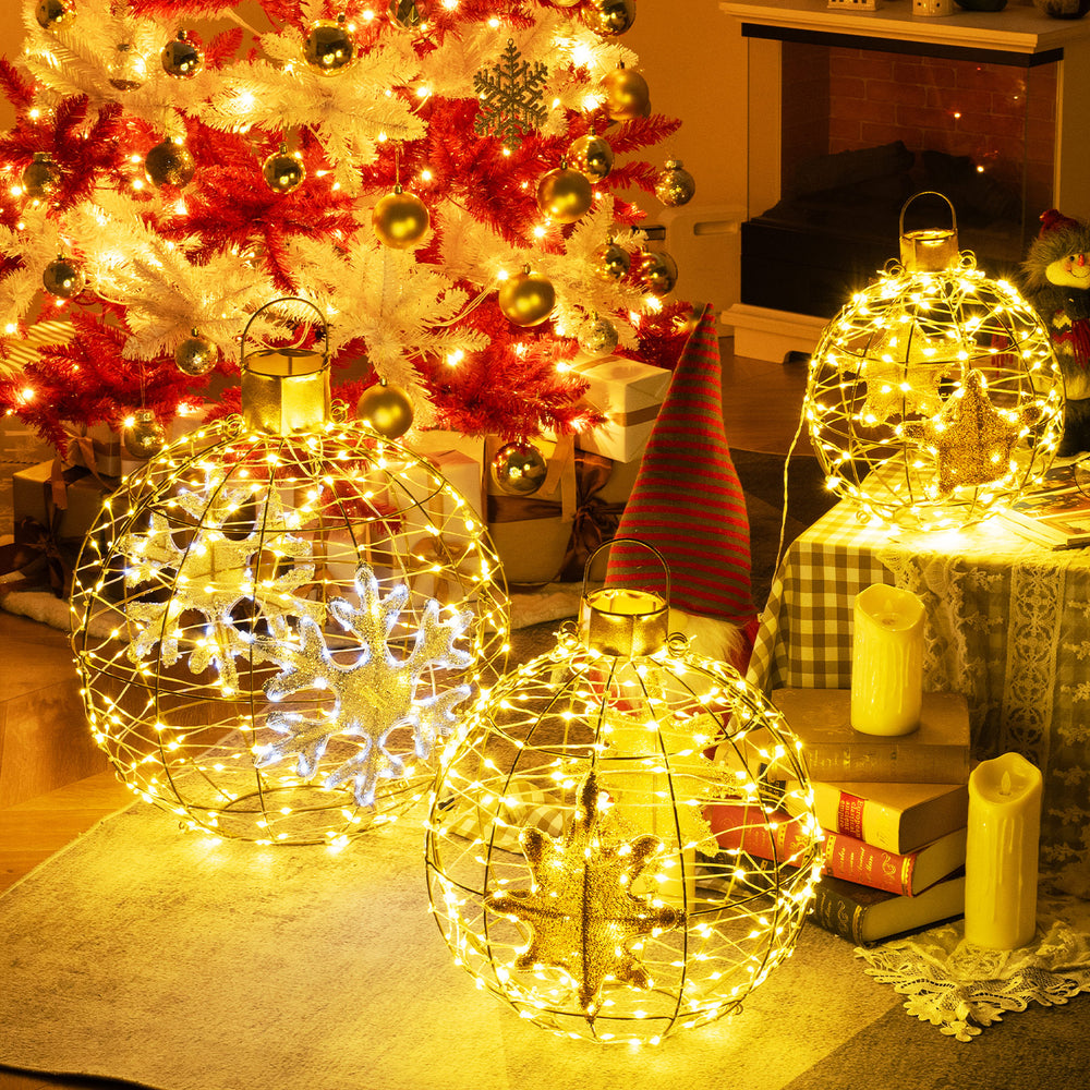 Three pre-lit lantern balls with 732 LED lights, showcasing different sizes and patterns, perfect for festive decor.