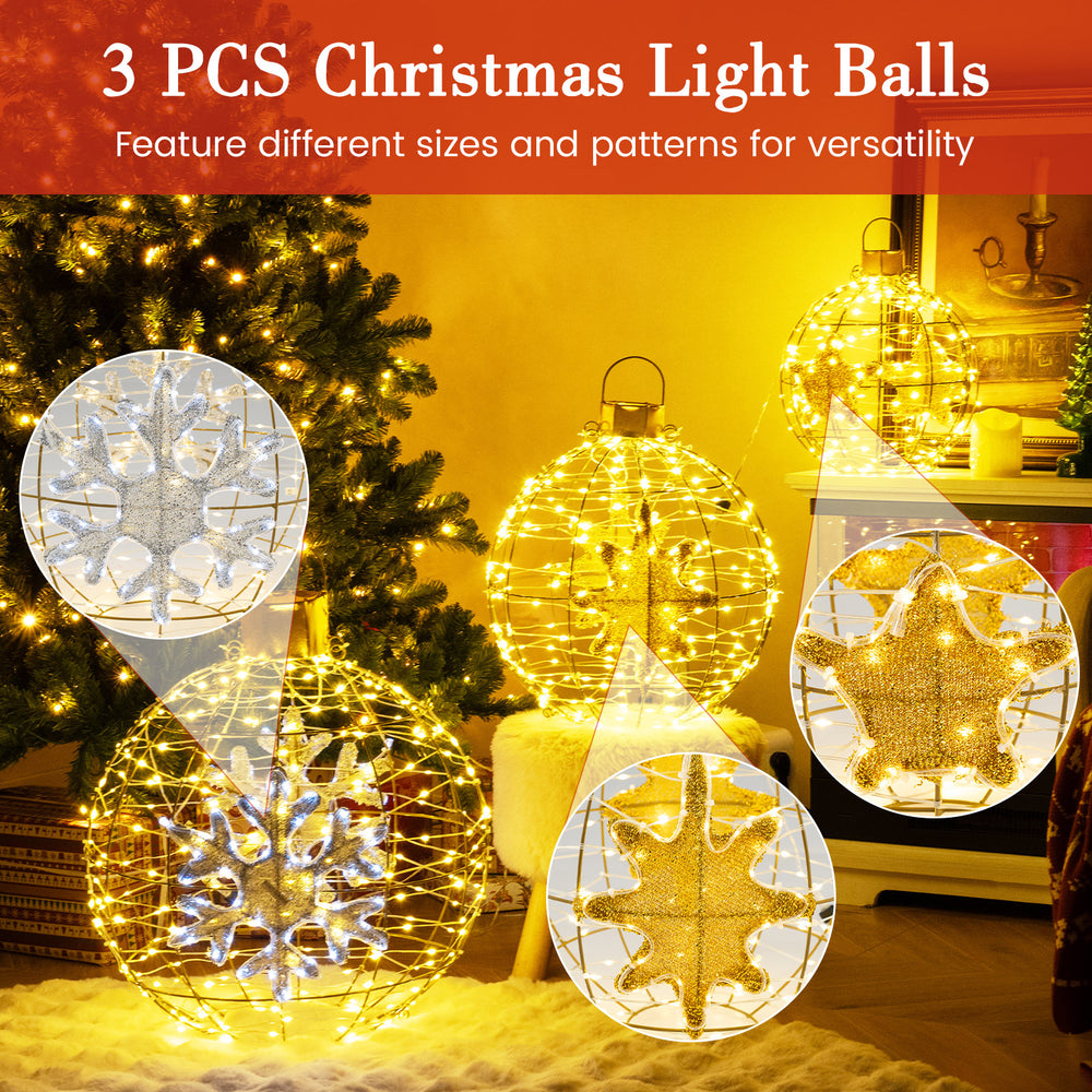 Three pre-lit lantern balls with 732 LED lights, showcasing different sizes and patterns for versatile outdoor.