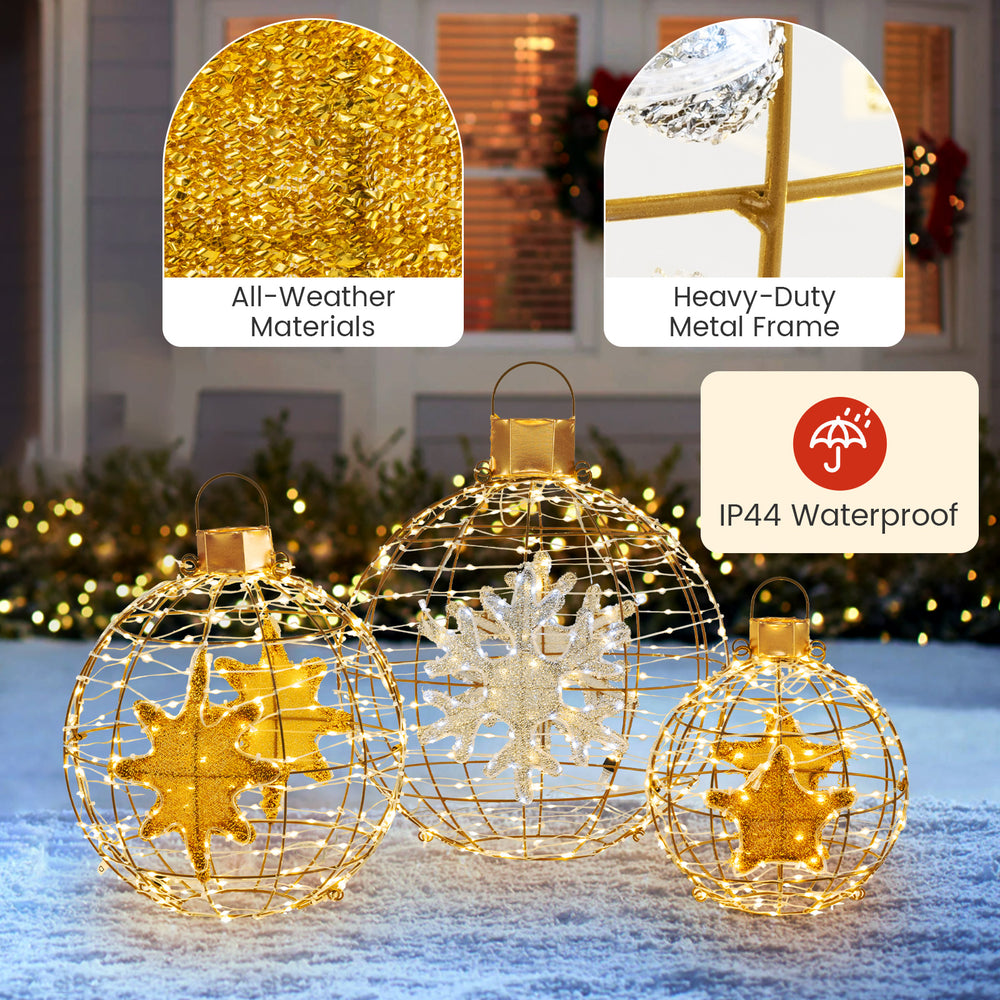 Three pre-lit lantern balls with 732 LED lights, featuring a heavy-duty metal frame, for versatile outdoor decoration.