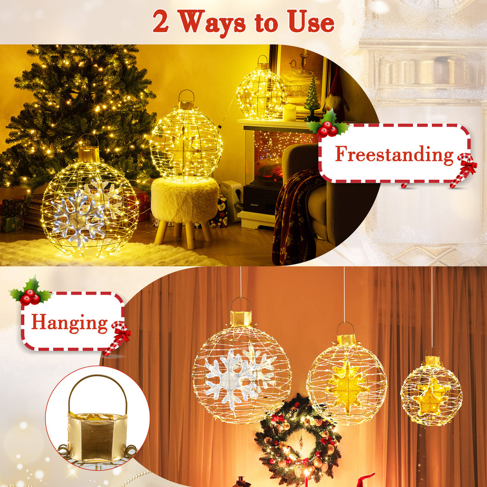 Freestanding and hanging 3-piece pre-lit lantern balls with 732 LED lights, ideal for garden and indoor decoration.