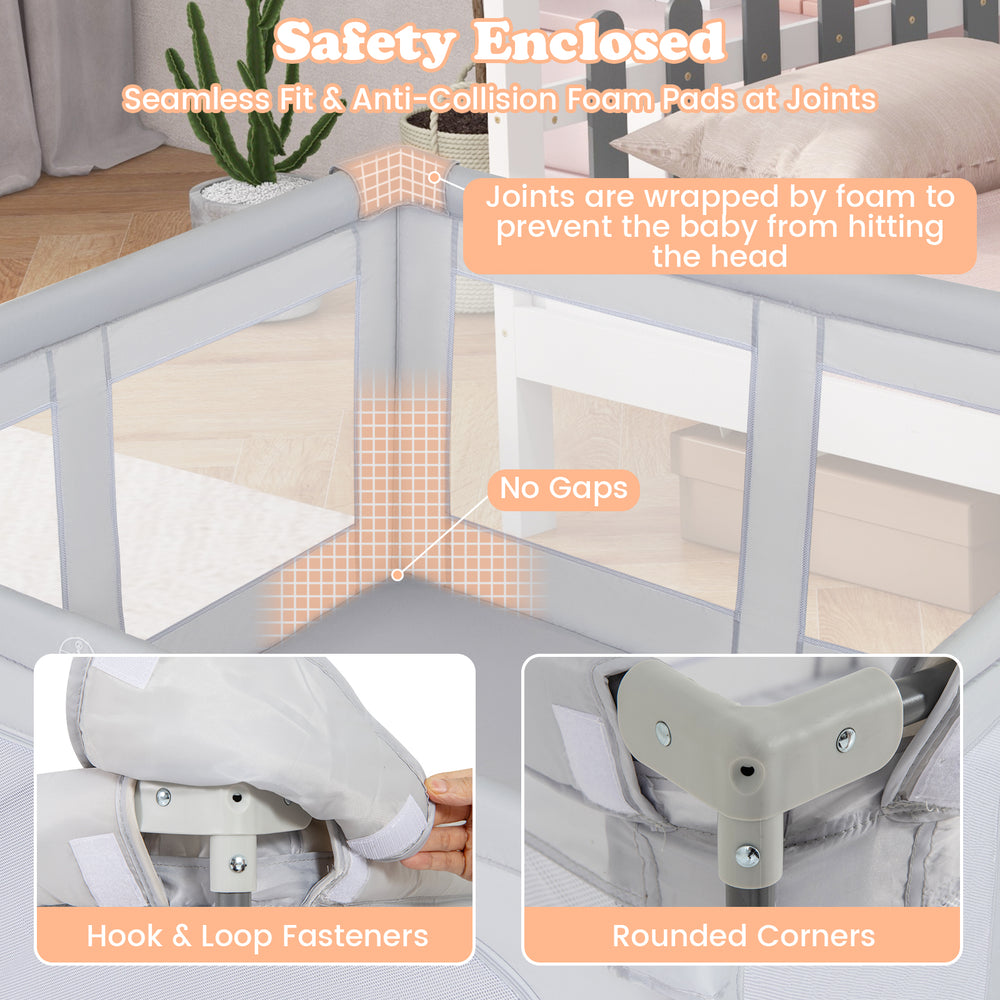 Large baby playpen with anti-collision foam pads, zipper gate, and rounded corners for safe play and easy access.