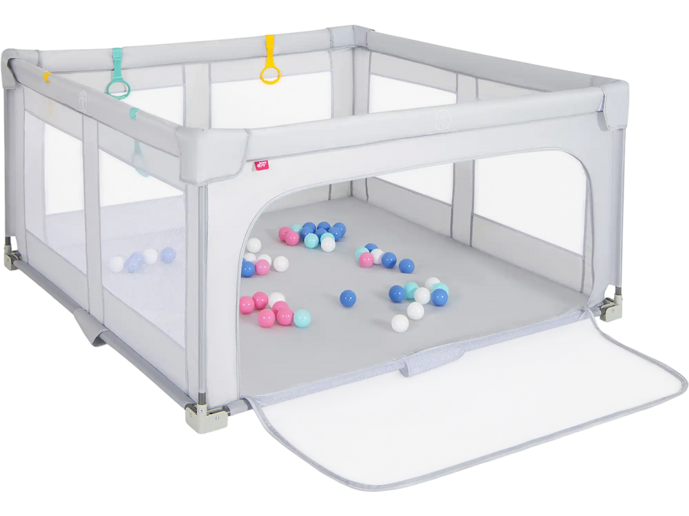 Large baby playpen with zipper gate, BPA-free, foldable design, includes 50 ocean balls for sensory development.