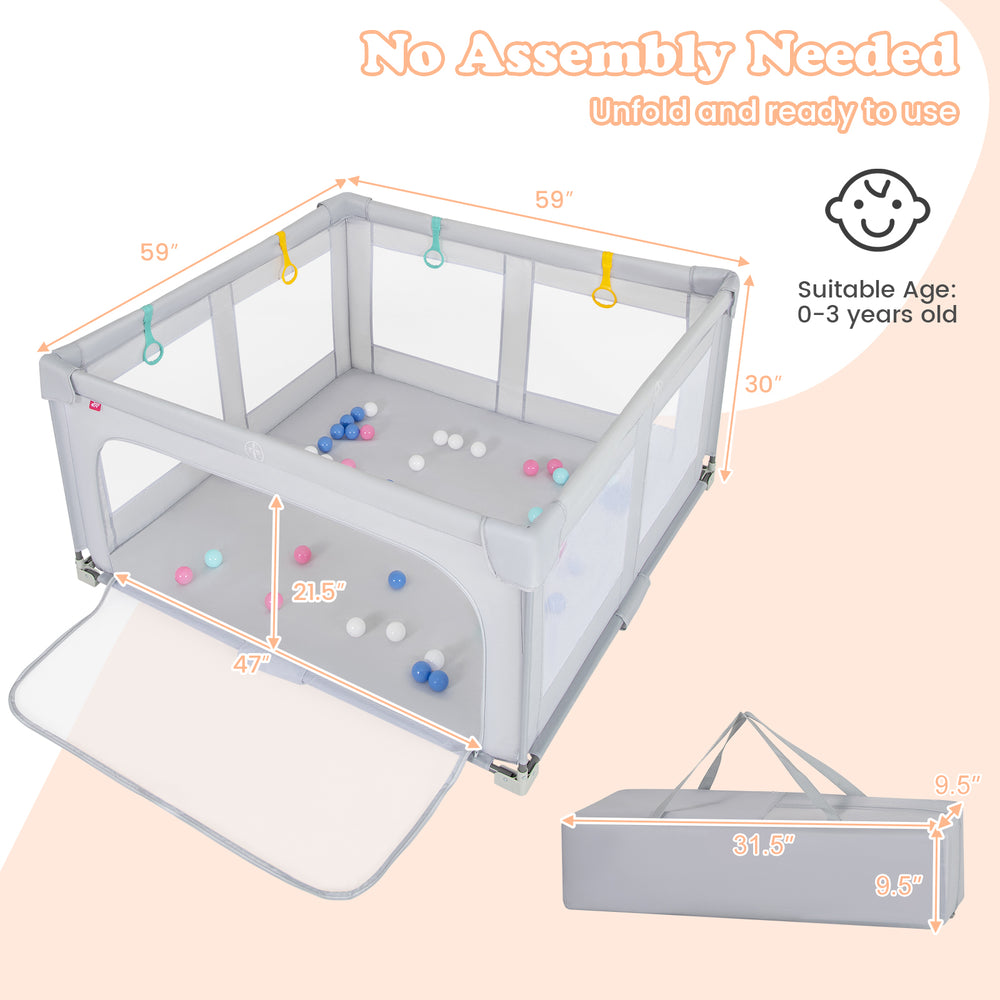 Large baby playpen with zipper gate, BPA-free, foldable design, includes 50 ocean balls for safe play and development.