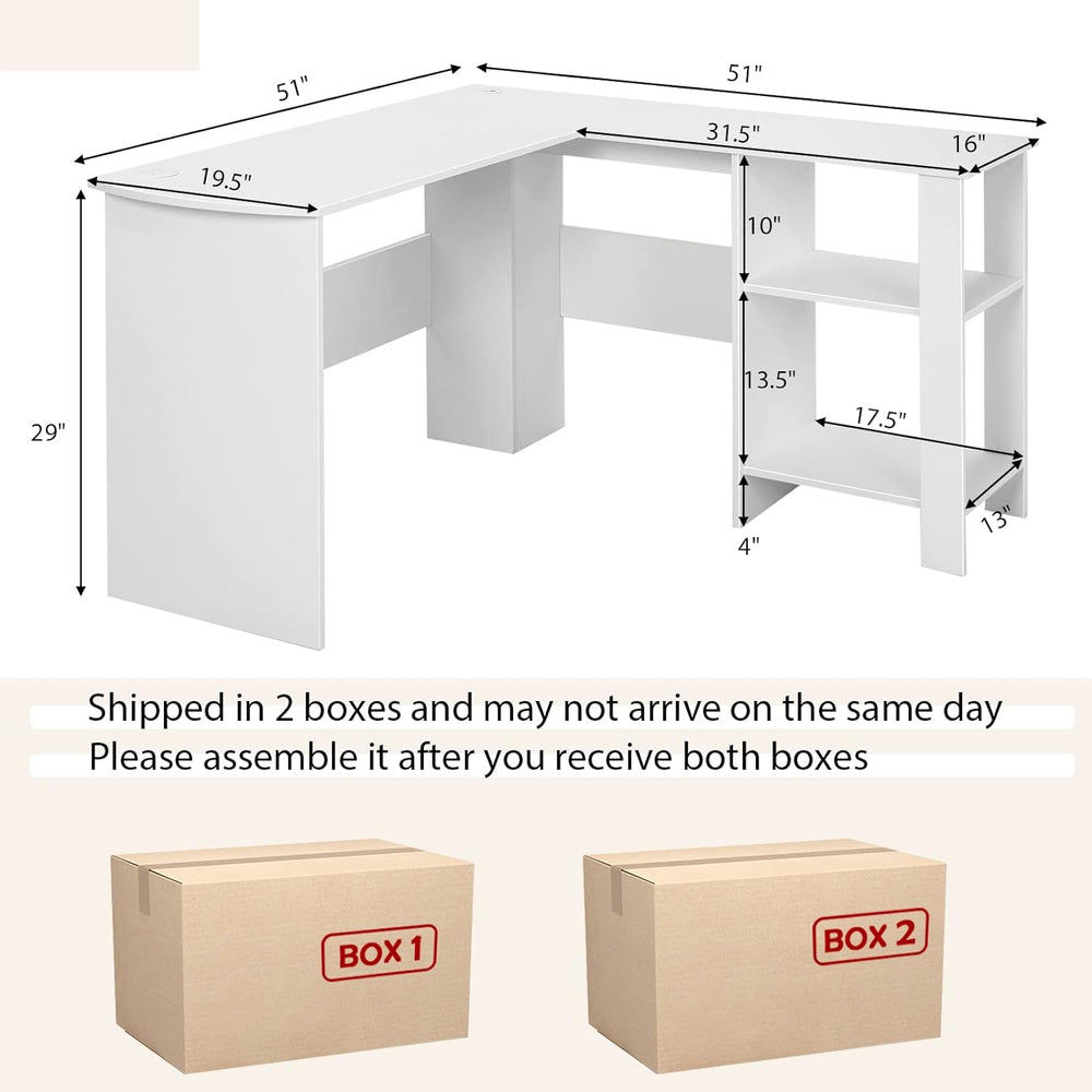 L-shaped white computer desk with two storage shelves and cable holes, ideal for corner spaces and organized work.