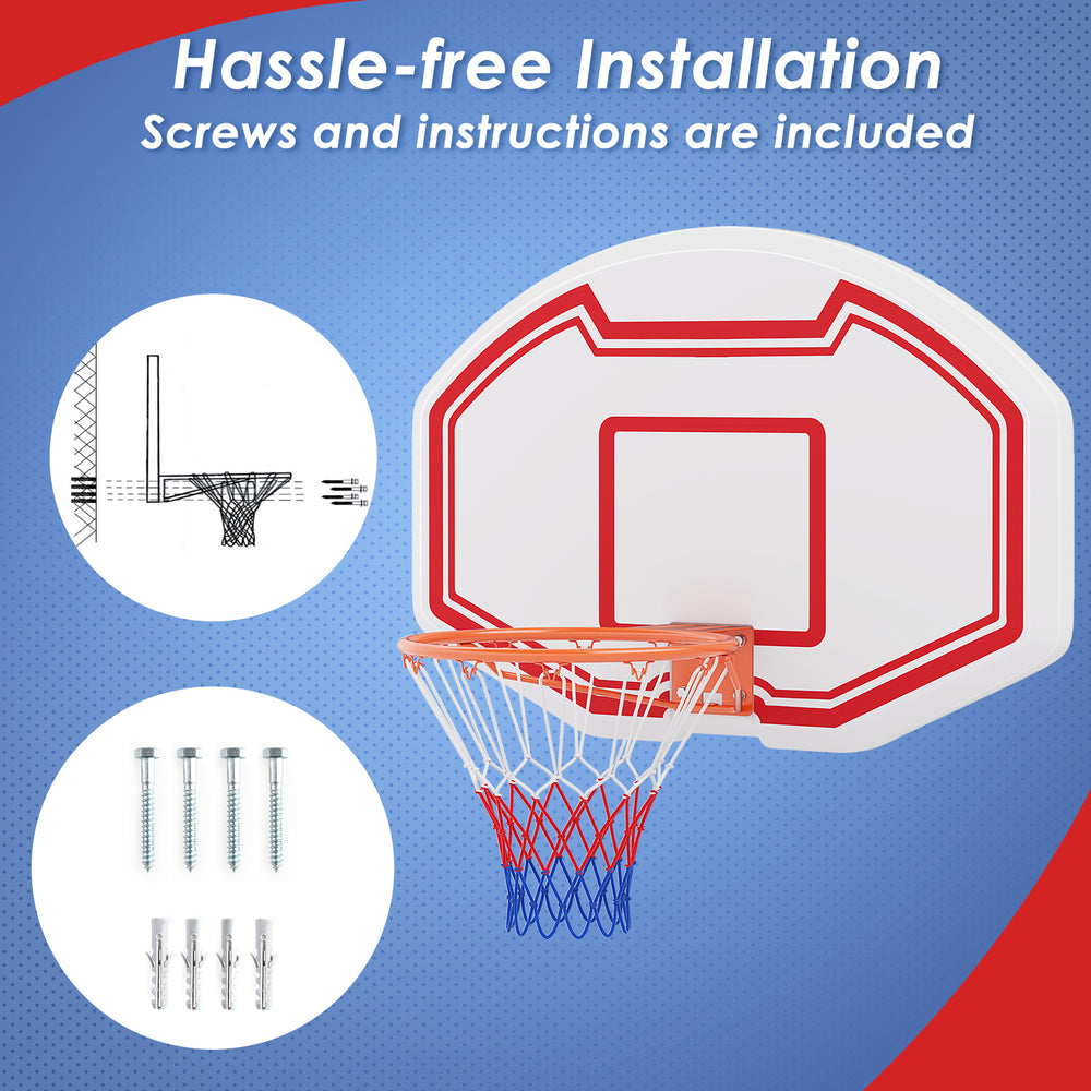 Large wall-mounted basketball hoop with shatter-proof backboard, includes screws and instructions for easy installation.