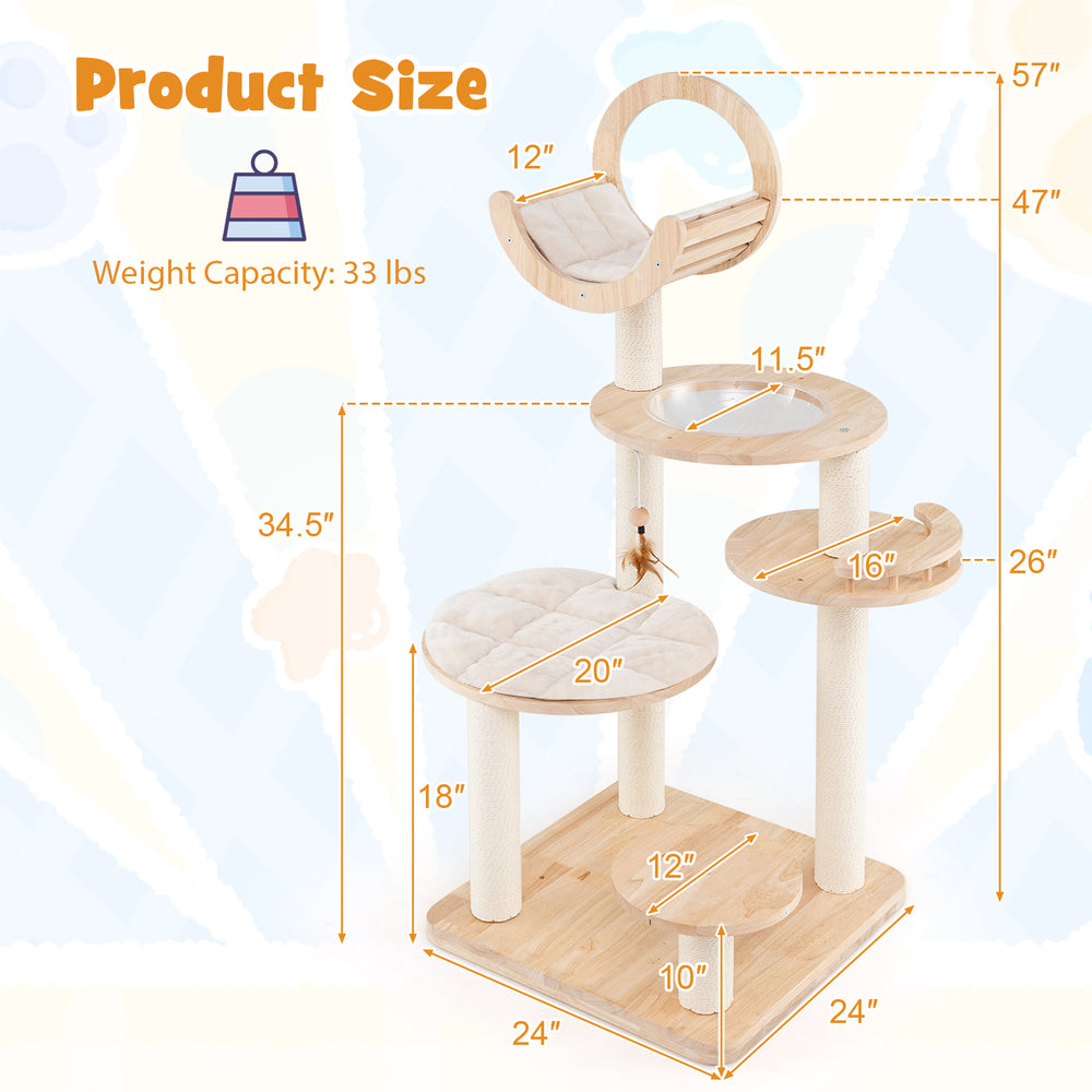 Large wooden cat tower with space capsule nest, featuring multiple platforms and scratching posts for indoor cats.