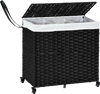 Laundry hamper with wheels and lid in black, featuring a sturdy PE rattan design and 125L capacity for easy sorting.