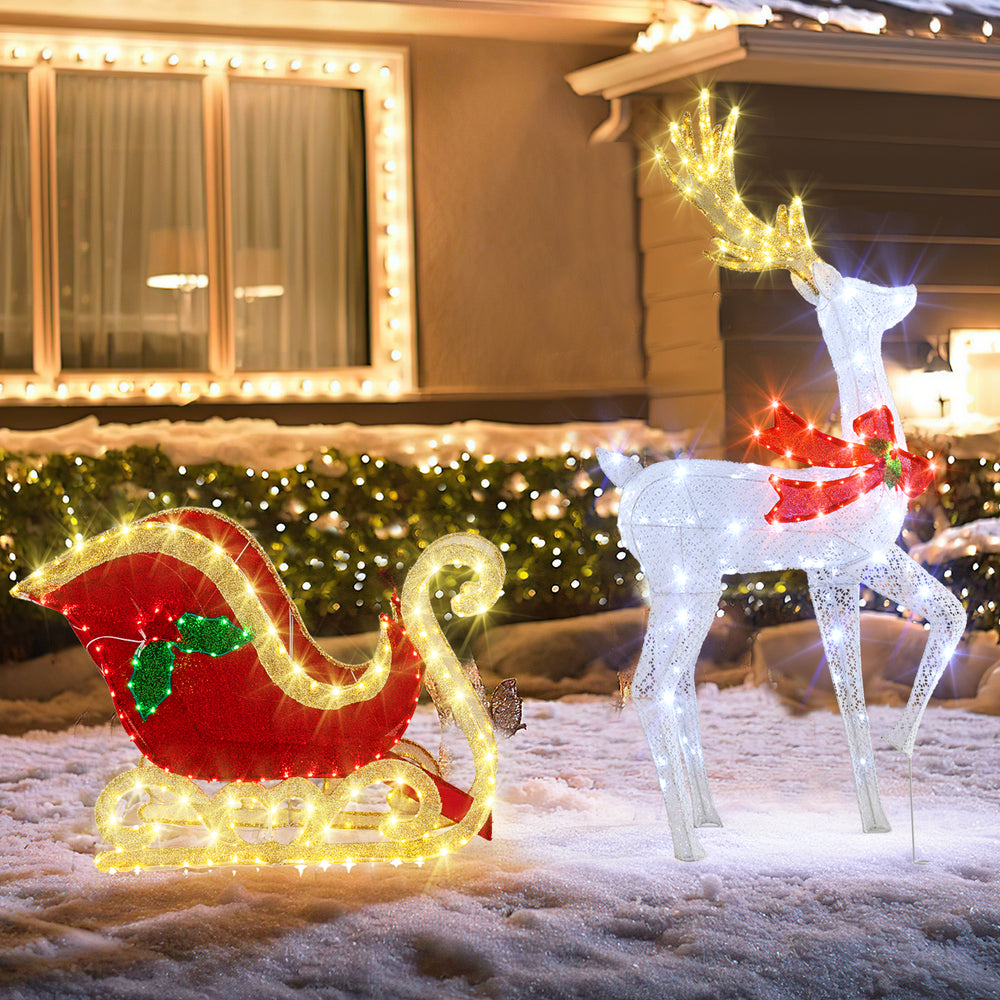 LED lighted Christmas reindeer and sleigh with 462 lights, ideal for festive outdoor decoration in winter.