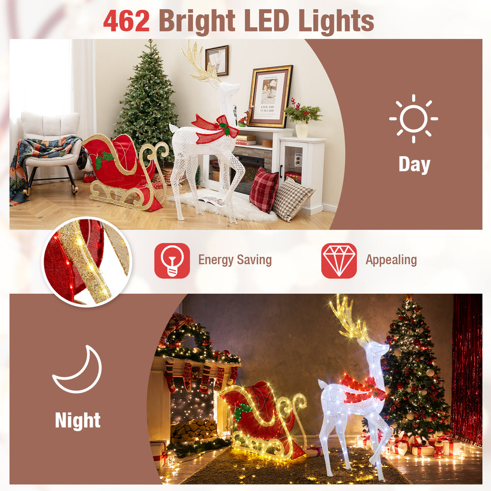 LED lighted Christmas reindeer and sleigh with 462 bright lights, perfect for festive indoor and outdoor decoration.
