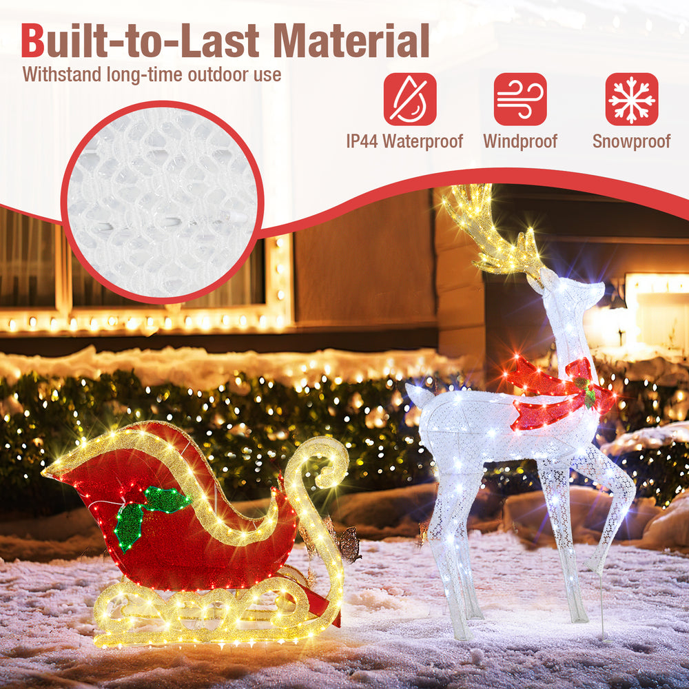 LED lighted Christmas reindeer and sleigh with 462 LED lights, weatherproof material, ideal for festive outdoor.