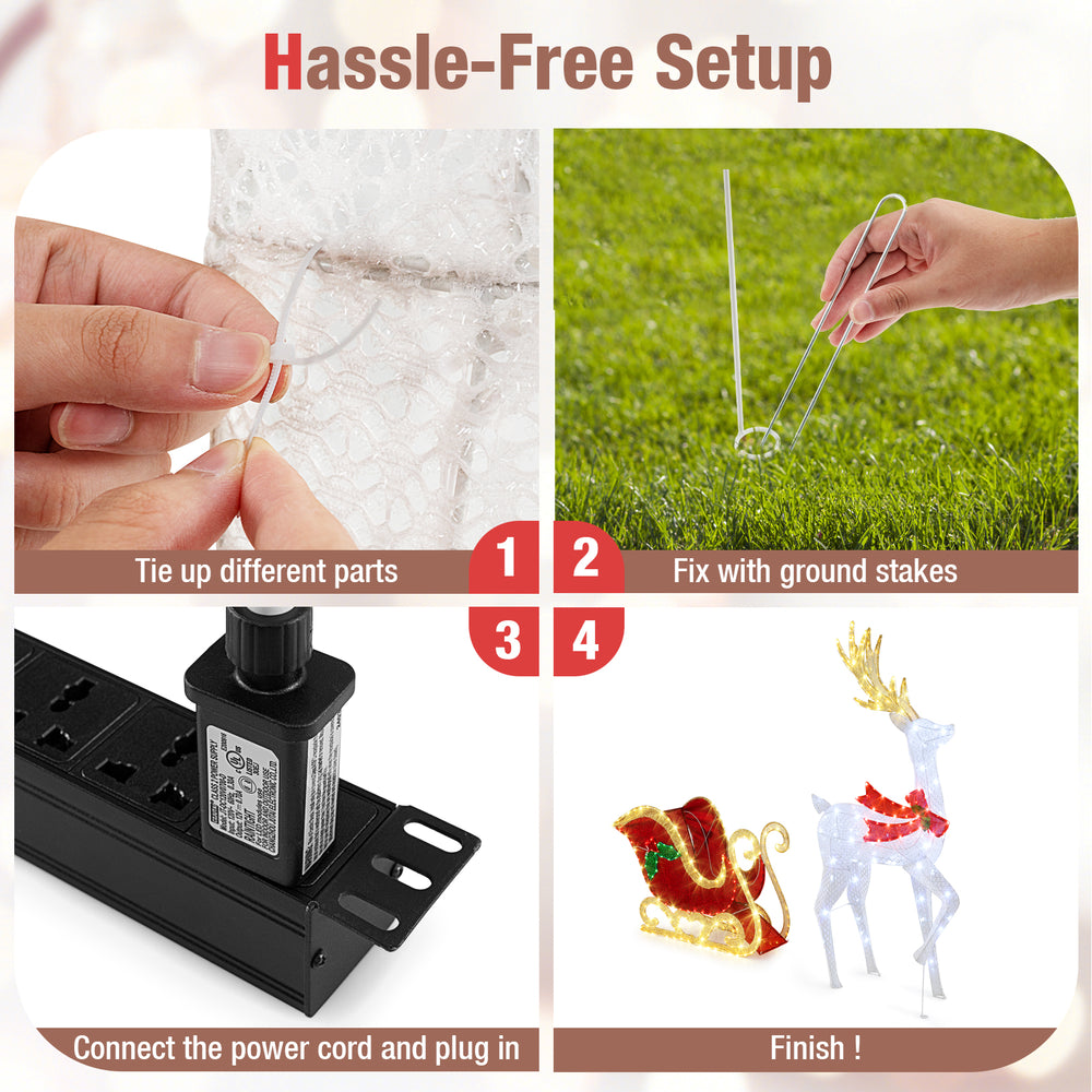 Step-by-step assembly instructions for LED Lighted Christmas Reindeer and Santa's Sleigh with zip ties and ground.