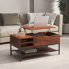Lift top coffee table in rustic brown with cut-out handle and adjustable foot pads, perfect for stylish and functional.