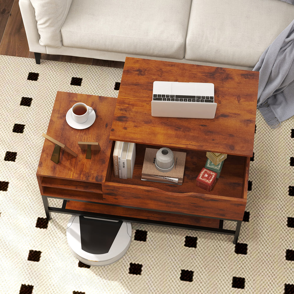 Lift top coffee table in rustic brown with hidden storage and removable shelf, perfect for dining or working.
