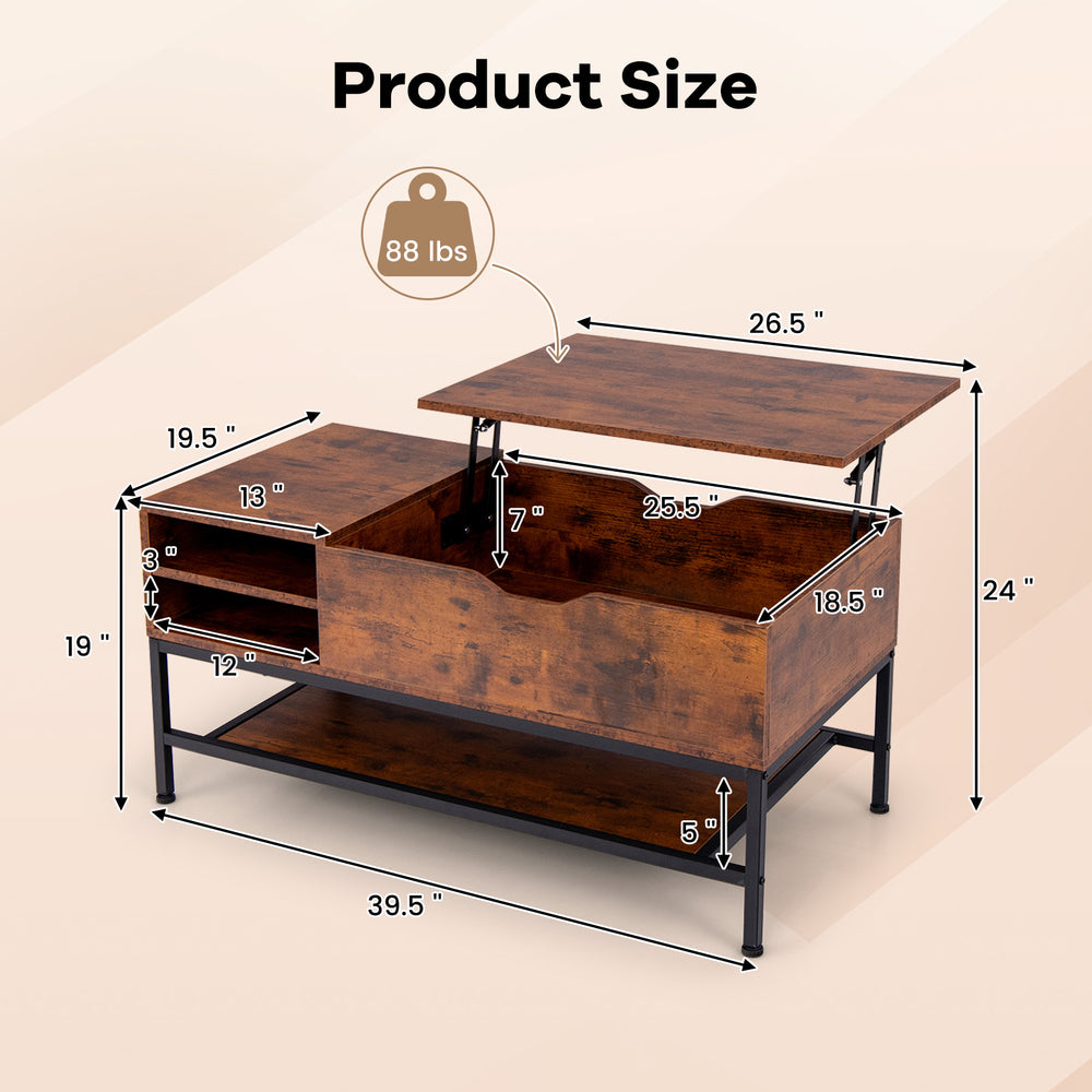 Lift top coffee table in rustic brown showcasing dimensions and features, including a spacious tabletop and hidden.