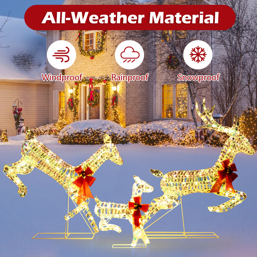 Lighted Christmas reindeer family with 230 LED lights, windproof and snowproof material, perfect for outdoor holiday.