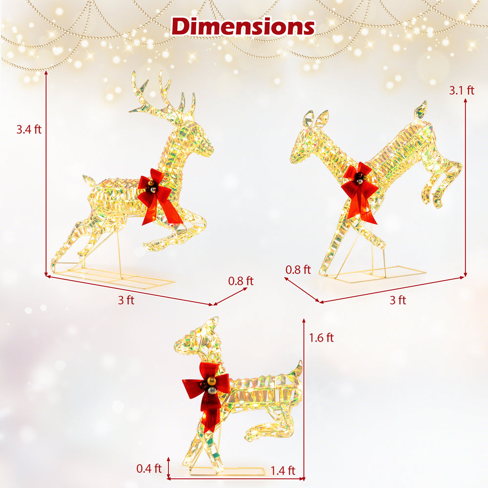 Dimensions of the 3-piece lighted Christmas reindeer family with LED lights, featuring a buck, doe, and fawn.