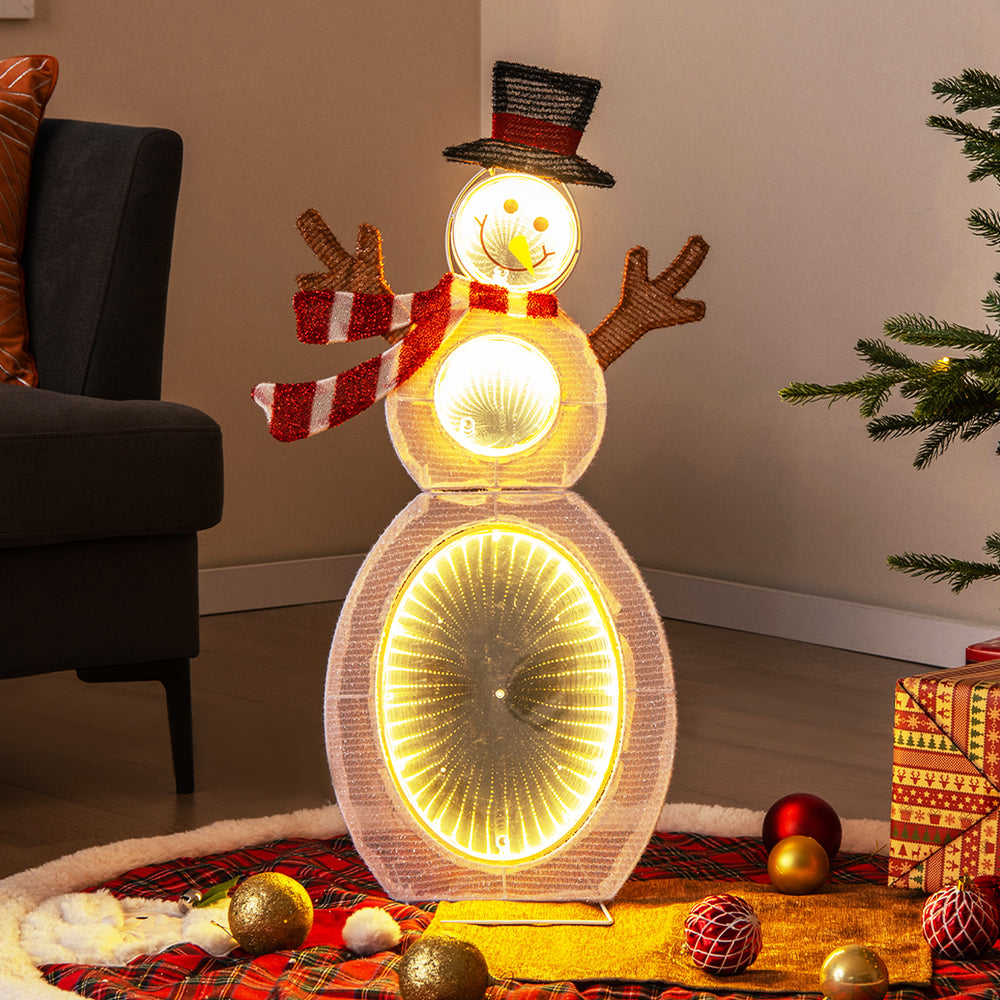 Lighted snowman decoration with 105 LED lights, metal stand, and elegant scarf for festive indoor or outdoor display.