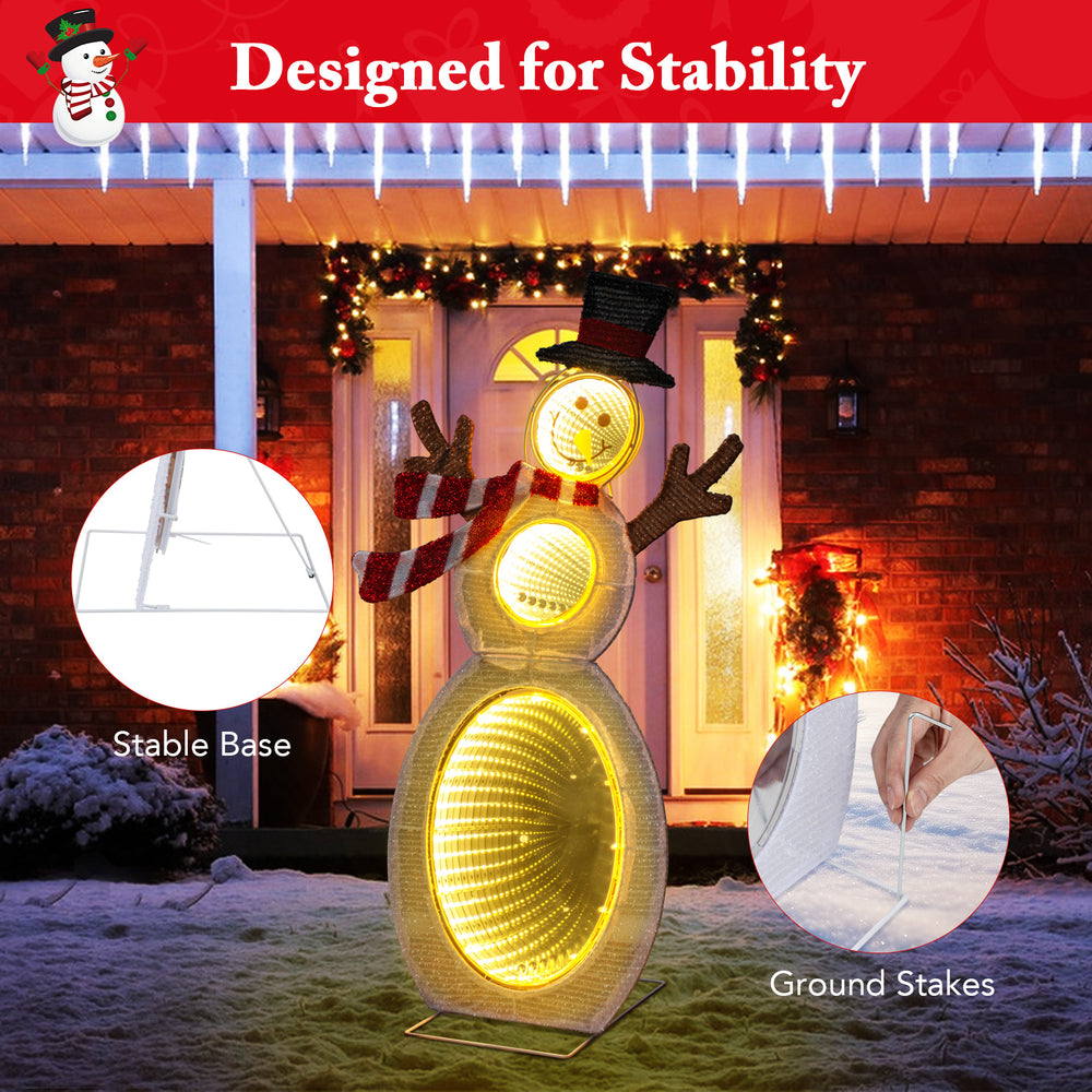 Lighted snowman with 105 LED lights, metal stand, and stable base, perfect for outdoor holiday decoration.