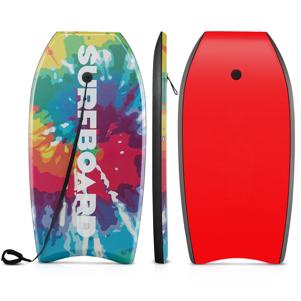 Lightweight 33-inch body board with multicolor design, EPS core, XPE deck, and HDPE bottom for beach fun.