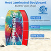Lightweight bodyboard with multicolor design, XPE deck, EPS core, and HDPE bottom for speed and control at the beach.