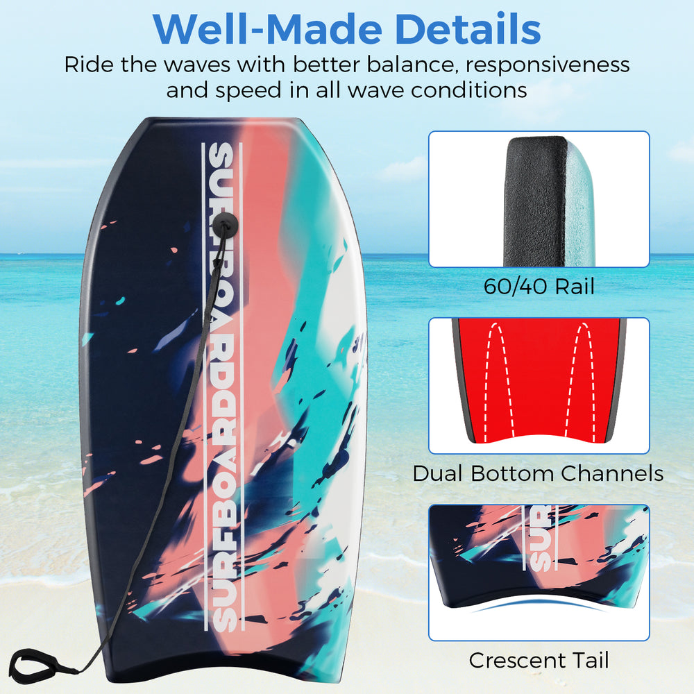 Lightweight body board with EPS core, XPE deck, and HDPE bottom, featuring 60/40 rail and crescent tail for speed and.