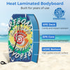 Lightweight bodyboard with multicolor design, XPE deck, EPS core, and HDPE bottom for speed and control at the beach.