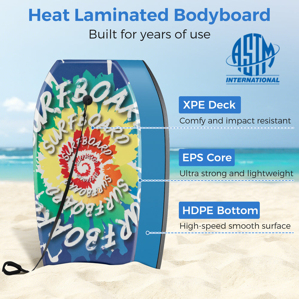 Lightweight bodyboard with multicolor design, XPE deck, EPS core, and HDPE bottom for speed and control at the beach.
