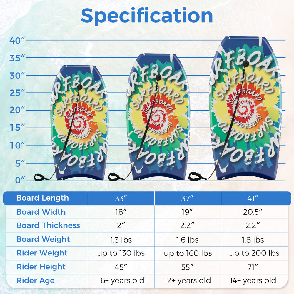 Lightweight body boards in 33", 37", and 41" sizes with EPS core, XPE deck, and HDPE bottom for beach fun.