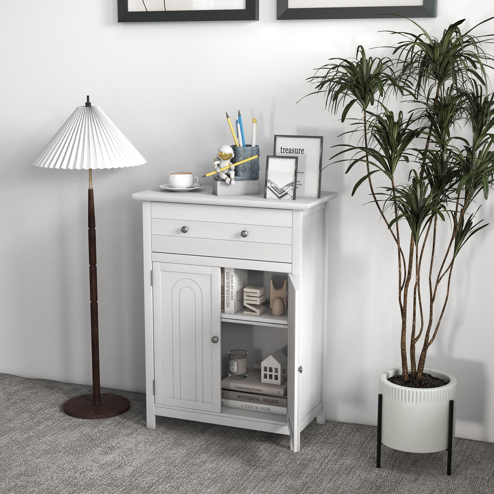 Free standing bathroom storage cabinet showcasing its stylish modern design and wide top, ideal for various home.