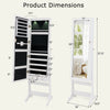Lockable freestanding jewelry cabinet armoire in white with full-length mirror, LED lights, and adjustable tilt.