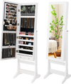 Freestanding jewelry cabinet armoire in white with full-length mirror, LED lights, and lockable storage for organized.