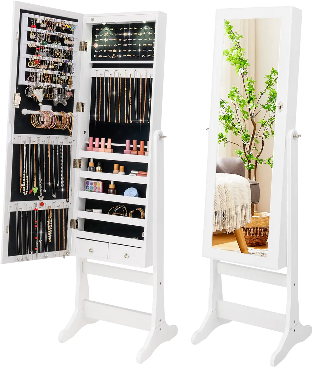 Freestanding jewelry cabinet armoire in white with full-length mirror, LED lights, and lockable storage for organized.