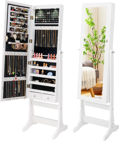 Costway Lockable Freestanding Jewelry Armoire Cabinet Full-Length Mirror Lights 39487651 New
