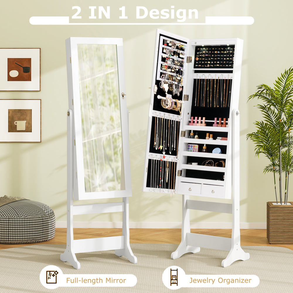 Freestanding jewelry cabinet armoire with full-length mirror, LED lights, and lockable design for secure storage.