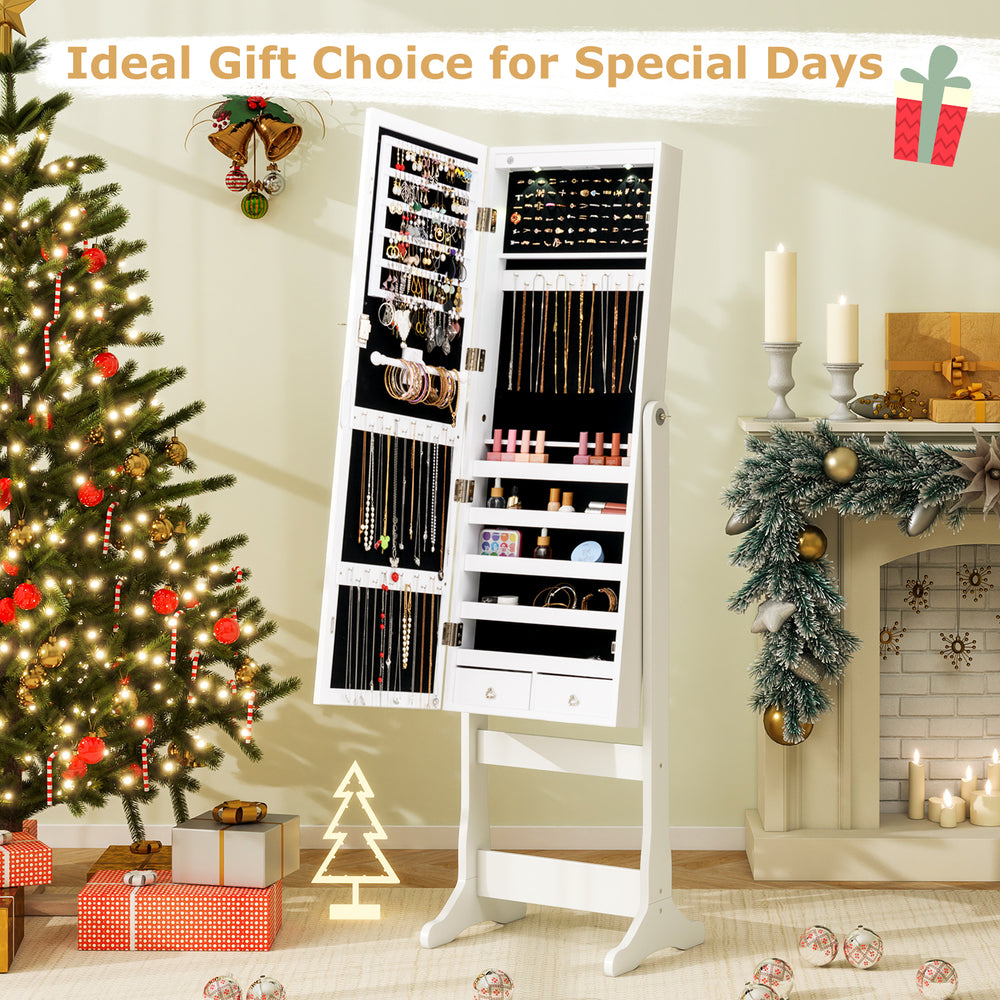 Lockable Freestanding Jewelry Cabinet Armoire with Full-Length Mirror and Lights-White - Gallery View 1 of 10