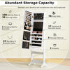 Freestanding jewelry cabinet armoire in white with full-length mirror, LED lights, and ample storage for organized.