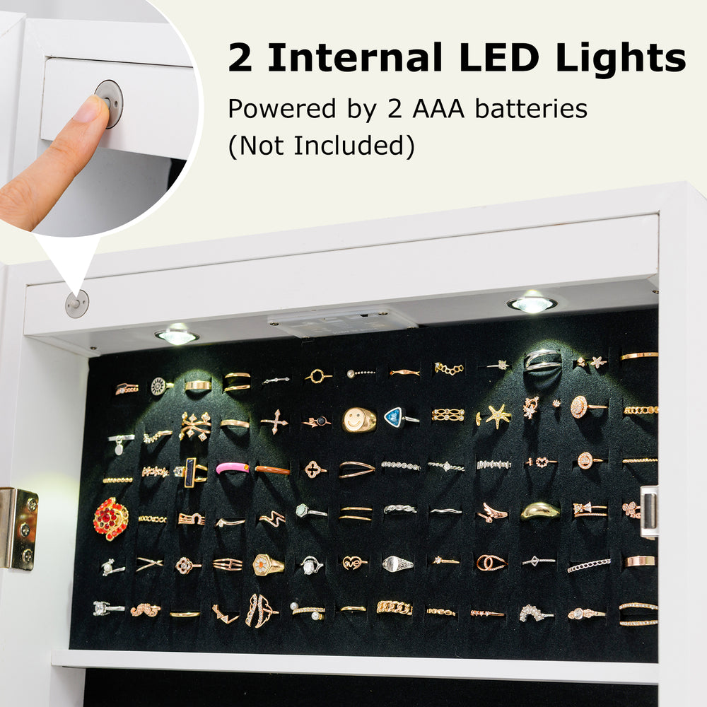 Lockable jewelry cabinet with full-length mirror, featuring 2 internal LED lights for enhanced visibility and.