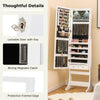 Lockable freestanding jewelry cabinet with full-length mirror, LED lights, and adjustable tilt for secure jewelry.